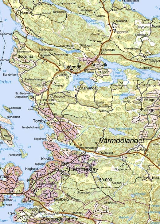 Fig 1. Terrängkartan med utredningsområdet markerat. Skala 1:50 000.