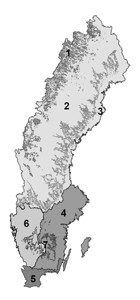 Bilaga 1 NFS 2006:1 Kriterier för indelning av limniska ekoregioner Sveriges limniska ytvattenförekomster indelas i sju ekoregioner; 1. Fjällen över trädgränsen 2.