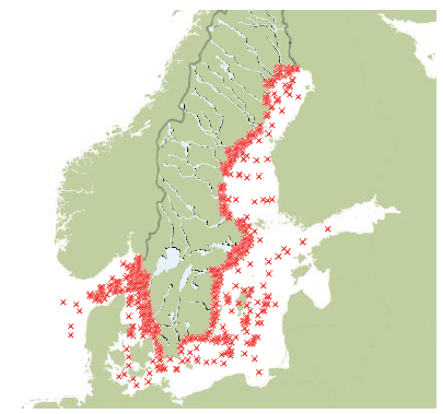 Figur 5B. Karta över mätstationer med fysiska och kemiska data på SMHIs webbsida (minst ett års data 2000-2016