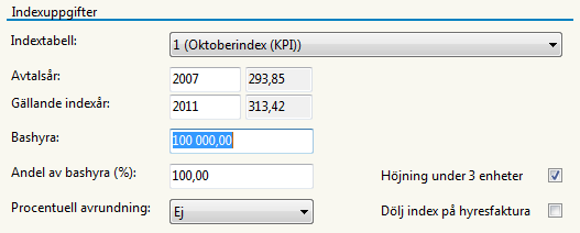 Förstå index INDEXUPPGIFTER Enligt vissa avtal ska inte hela bashyran indexeras. Detta regleras med sättningen Andel av bashyra (%).