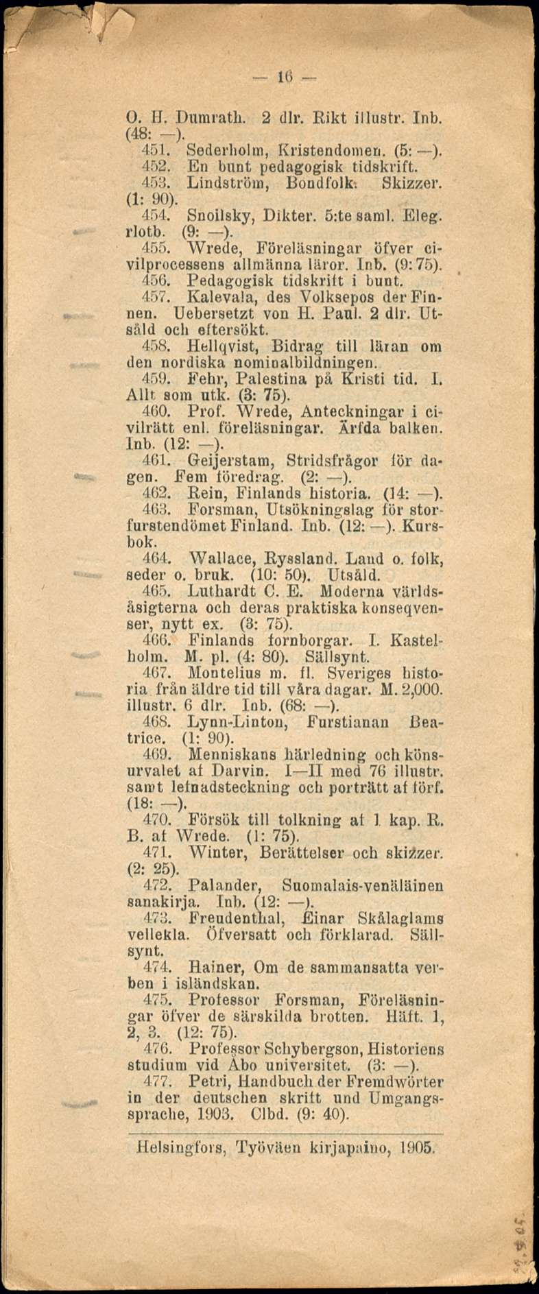 16 O. IJ. Dumrath. 2 dlr. Eikt illustr. Inb. (48: -) 451. Sederholm, Kristendomen. (s; ). 452. En bunt pedagogisk tidskrift. 453. Lindström, Bondfolk. Skizzer. (1: 90). 454. Snoilsky, Dikter.
