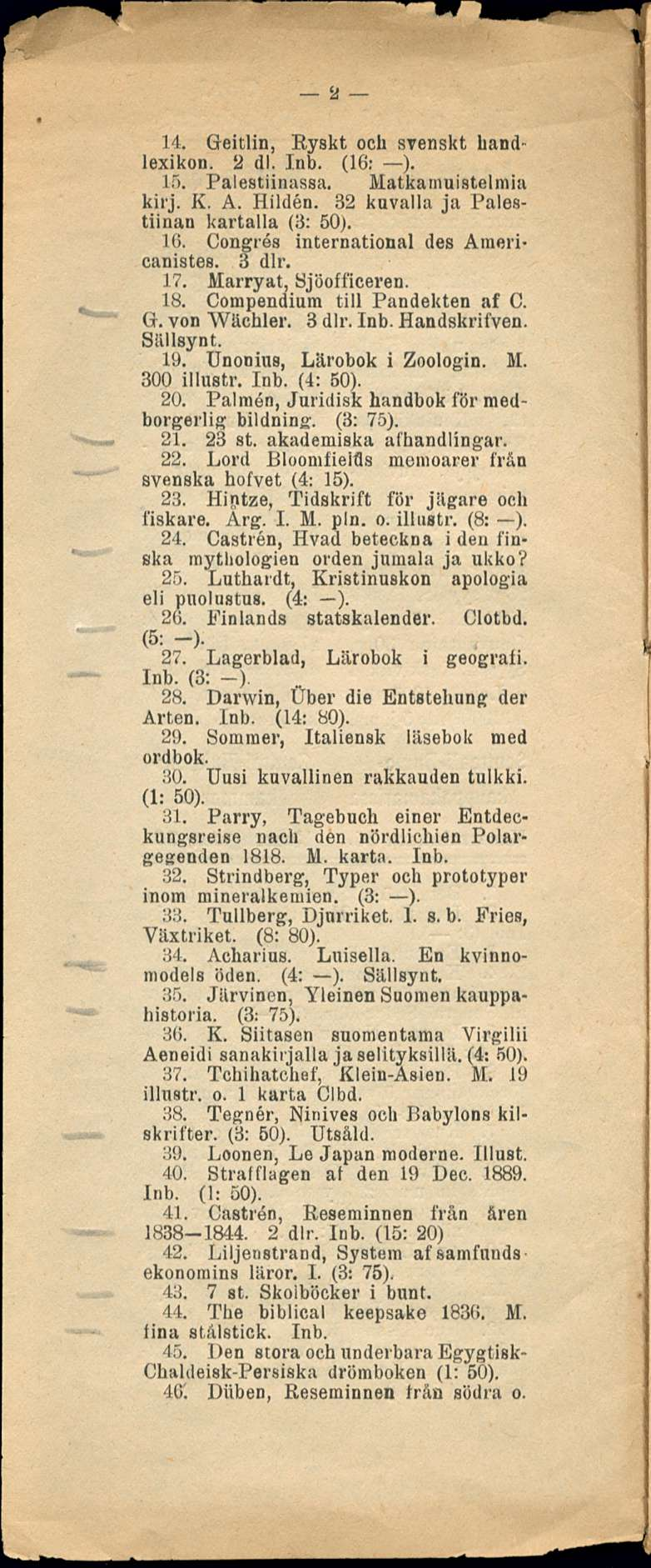 a 14. Geitlin, Eyskt och svenskt hand lexikon. 2 dl. Inb. (16: ). Lö. Palestiinassa. Matkamuistelmia kirj. K. A. Hilden. 32 kuvalla ja Palestiinan kartalla (3: 50). 16.