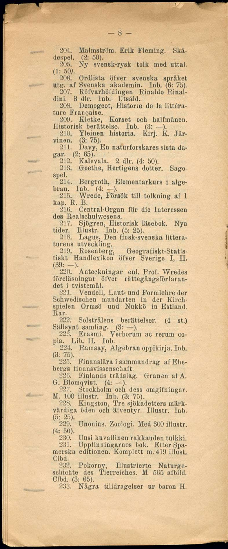 8 204. Malmström. Erik Fleming. Skådcspel. (2: 50). 205. Ny svensk-rysk tolk med uttal. (1: 50). 206. Ordlista öfver svenska språket utg. af Svenska akademin. Inb. (6: 75). 207.