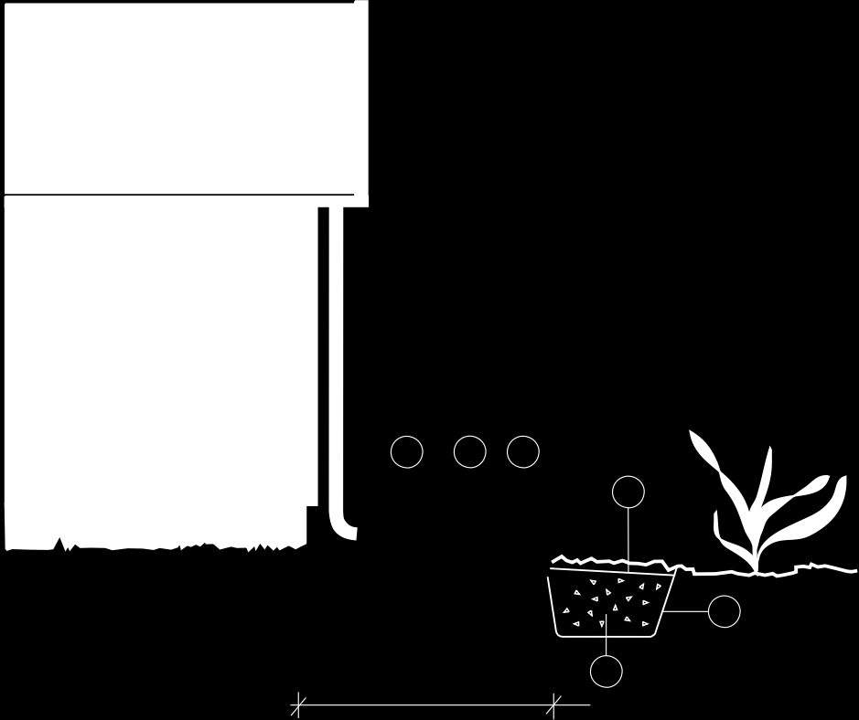 Ränndal 1 2 3 5 6 2 m 4 Typexempel 1 Takavvattning till gräsmatta för infiltration via ränndal 1. Ränndalsplattor i lutning 5 cm per meter. 2. Sättsand 10 cm. 3. Plastfolie för avledning av läckvatten till grusfyllning.