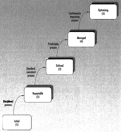 Bild 1 Capability Maturity Model. Paulk, M., Curtis, B. och Chrissis, M.B. (1993) Nivå 1 initial (initial) På första nivån i mognadstrappan finns ingen stabil process.