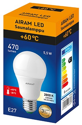 LED BASTULJUSKÄLLA 5,5W, UPP TILL + 60 2800K. 470 lumen, Ø 60/112 mm, E27. Medellivslängd 10 000 timmar. Lämplig för varmare miljö, typ lägre placering i bastun.