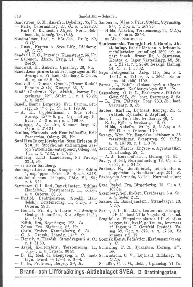 648 SandströmSchaffer. Sandström; S. M., Änkefru, Döbelnsg. 35, Va. Santesson, Måns o. Pehr, Studer., Styrmansg. Fritz, Östermalmsg. 27, O.; a. t. 22926. 8 IV, Q.Dj.; a. t. 20798. Karl V. K., anat.