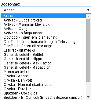 Dödsorsak Här fyller du i av vilken orsak du tror ungen har avlidit. Välj i listan! Ålder (i dagar) Hur gammal ungen var då den avled.