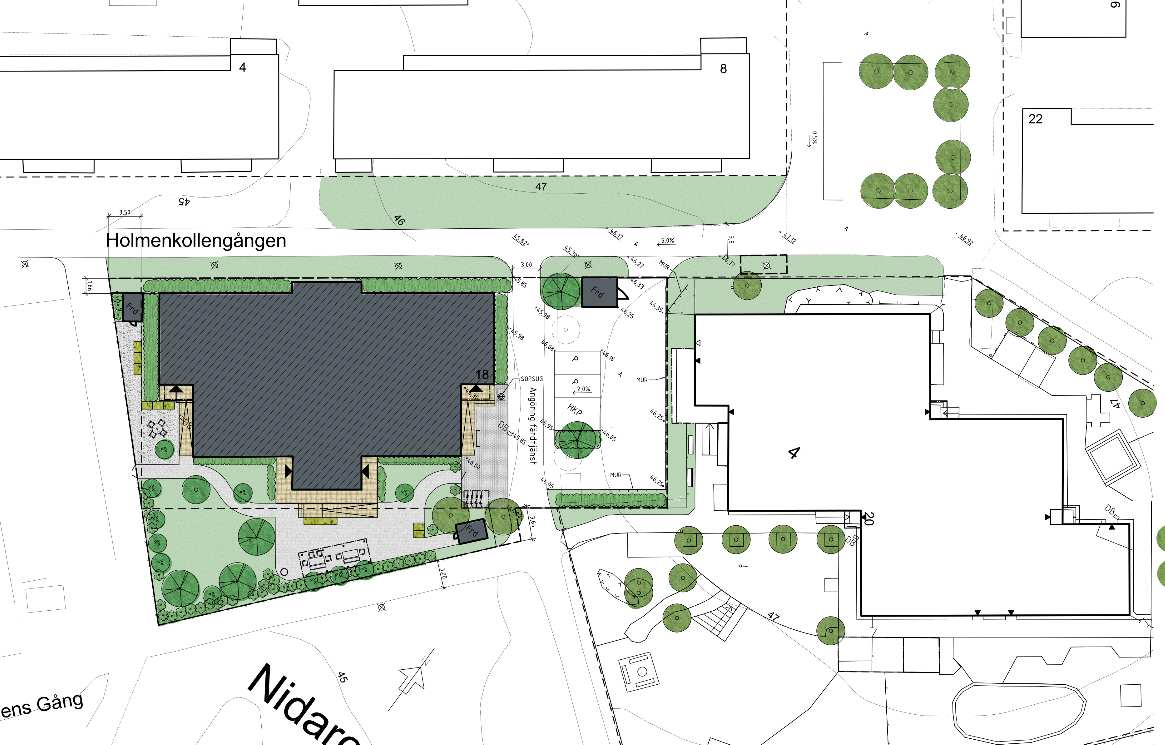 Sida 10 (16) Situationsplan Angöring, parkering I nordväst går ett parkstråk med en gång- och cykelväg. En mindre del av gång- och cykelvägen övergår till kvartersmark för angöring till LSS-boendet.