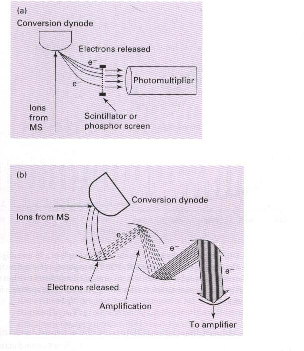 Detektorer Bilden: Princip för elektronmultiplikator Generell princip: Jonerna når ytan på
