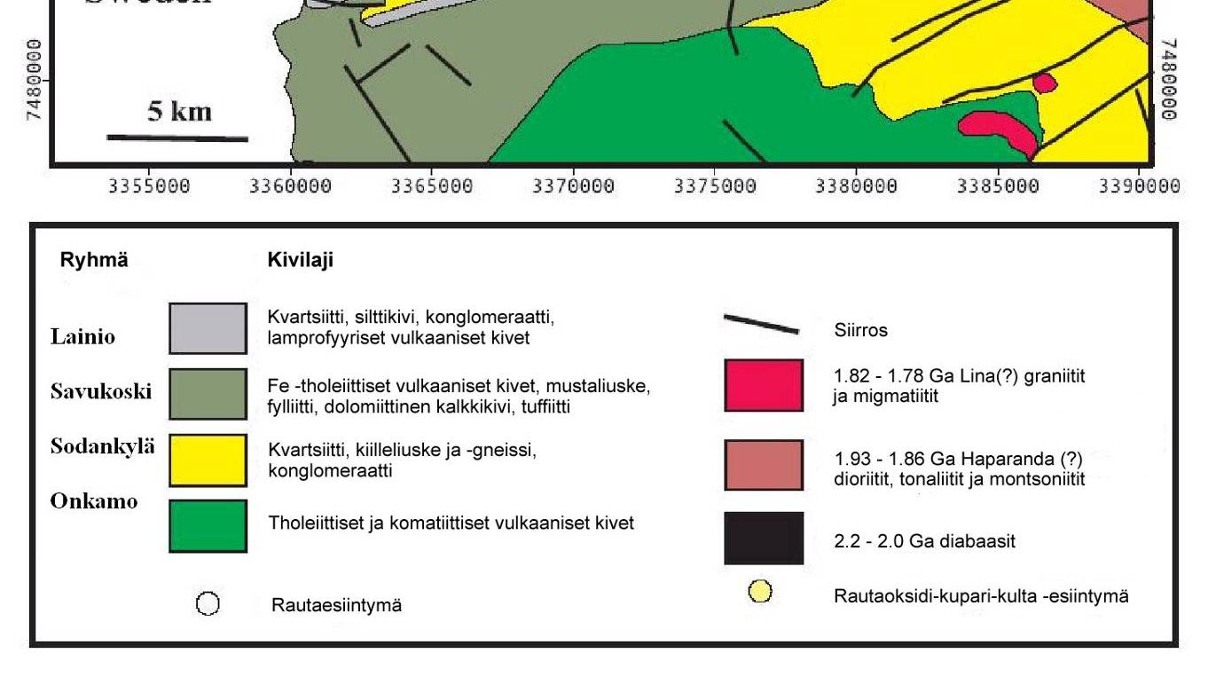 Sida 60 /(113) Bild 6-11. Den allmänna geologin och Fe(-Cu-Au)-förekomsterna inom Kolari-området (Niiranen och Eilu, 2007). 6.4 Grundvatten Inom Hannukainen-området består jordmånen främst av sandmorän med måttlig vattenkonduktivitet.