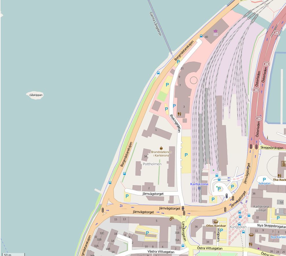 3 Genomförande Trafikmodellens omfattning Modellen omfattar Blekingegatan samt korsningen mellan Blekingegatan och gatorna Järnvägstorgsgatan/Österleden och Landbrogatan, Figur 1.