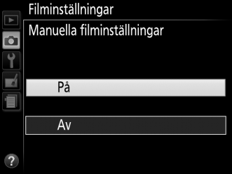 Reducering av vindbrus: Välj På för att aktivera lågpassfiltret för den inbyggda mikrofonen (extra stereomikrofoner (säljs separat) påverkas inte; 0 161, 309), vilket minskar ljudet som uppstår när