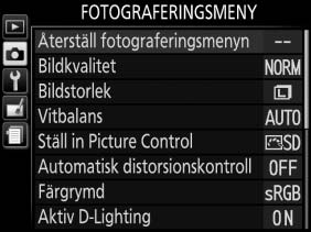 C Fotograferingsmeny: Fotograferingsalternativ För att visa fotograferingsmenyn, tryck på G och välj fliken C (fotograferingsmeny).