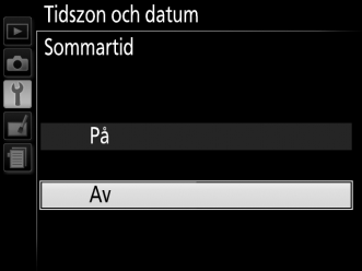 Tidszon och datum Ändra tidszoner, ställ in kamerans klocka, välj format för datumvisning och aktivera eller inaktivera sommartid.