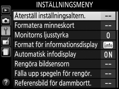 Kameramenyer: En översikt Du kan nå de flesta fotograferings-, uppspelnings- och inställningsalternativen via kamerans menyer. Tryck på G-knappen för att visa menyerna.