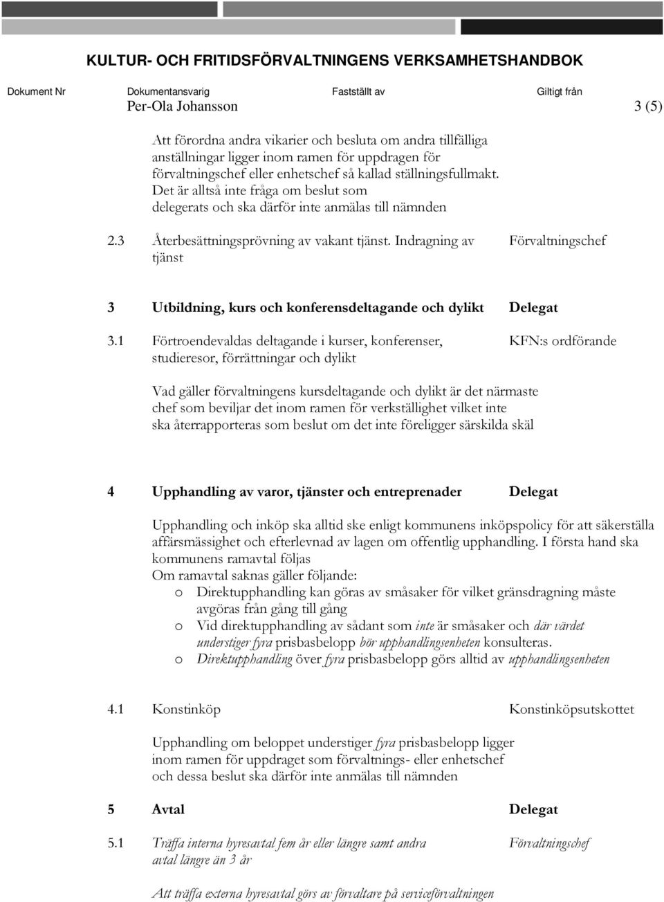 Indragning av Förvaltningschef tjänst 3 Utbildning, kurs och konferensdeltagande och dylikt Delegat 3.