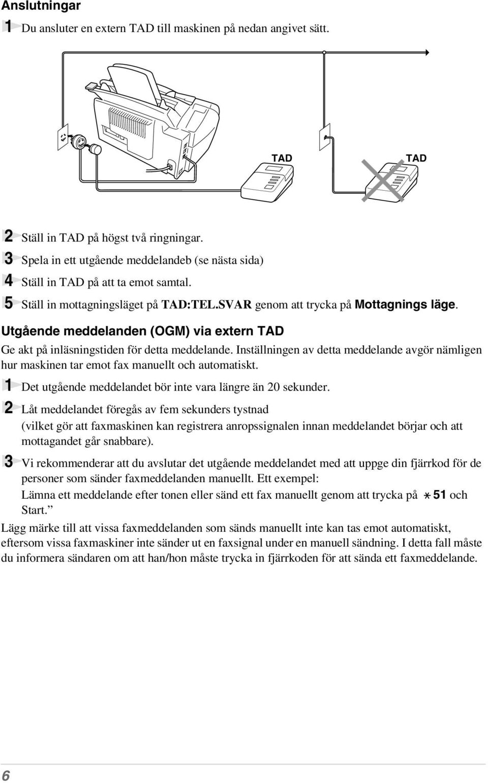 Utgående meddelanden (OGM) via extern TAD Ge akt på inläsningstiden för detta meddelande. Inställningen av detta meddelande avgör nämligen hur maskinen tar emot fax manuellt och automatiskt.