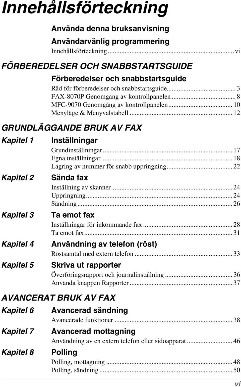 .. 8 MFC-9070 Genomgång av kontrollpanelen... 10 Menyläge & Menyvalstabell... 12 GRUNDLÄGGANDE BRUK AV FAX Kapitel 1 Kapitel 2 Kapitel 3 Kapitel 4 Kapitel 5 Inställningar Grundinställningar.