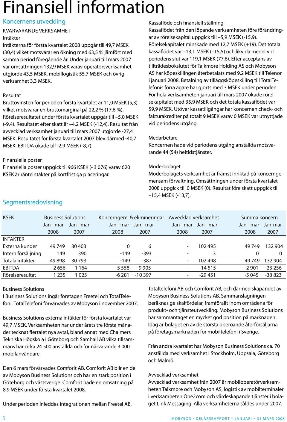 Resultat Bruttovinsten för perioden första kvartalet är 11,0 MSEK (5,3) vilket motsvarar en bruttomarginal på 22,2 % (17,6 %). Rörelseresultatet under första kvartalet uppgår till 5,0 MSEK (-9,4).