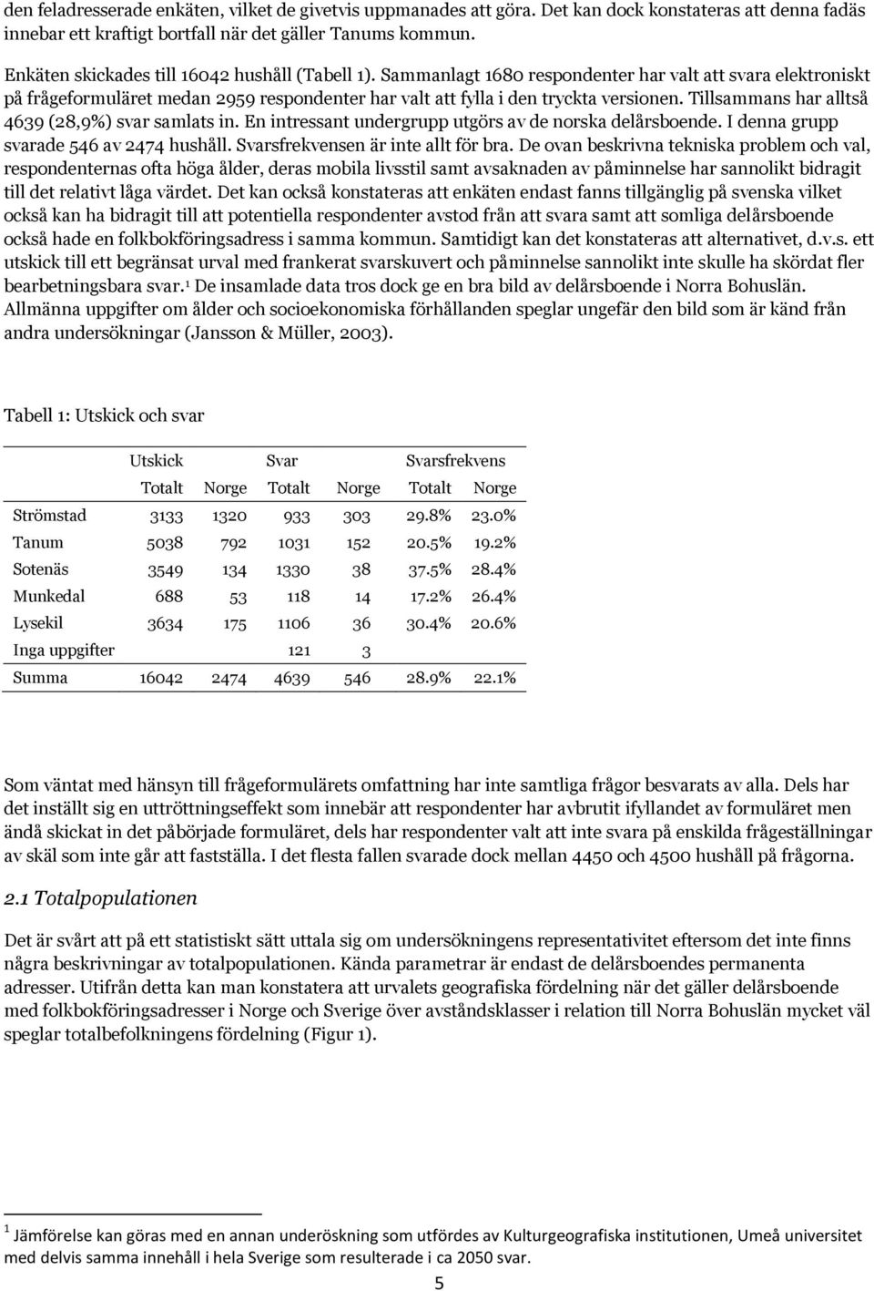 Tillsammans har alltså 4639 (28,9%) svar samlats in. En intressant undergrupp utgörs av de norska delårsboende. I denna grupp svarade 546 av 2474 hushåll. Svarsfrekvensen är inte allt för bra.