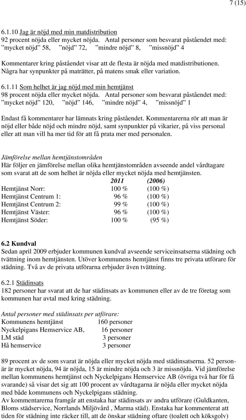 Några har synpunkter på maträtter, på matens smak eller variation. 6.1.11 Som helhet är jag nöjd med min hemtjänst 98 procent nöjda eller mycket nöjda.