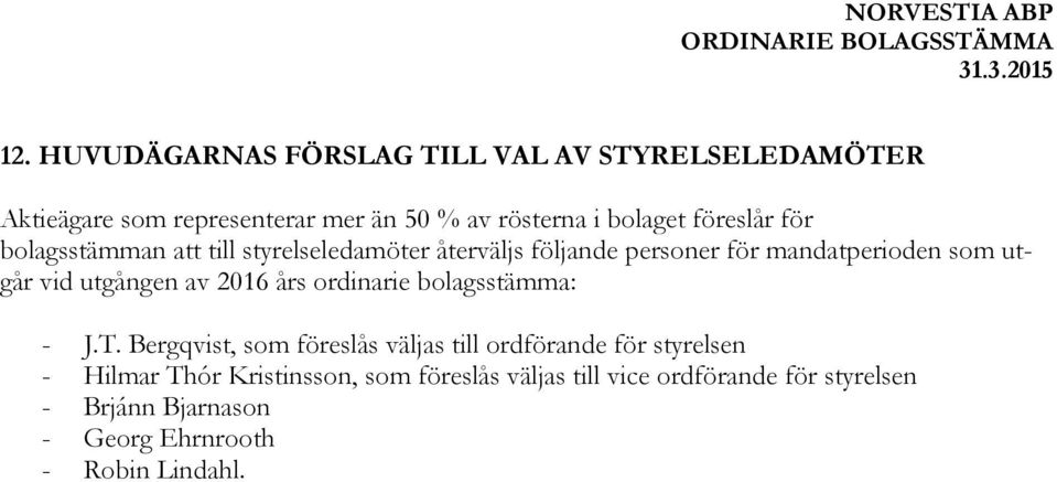 utgången av 2016 års ordinarie bolagsstämma: - J.T.