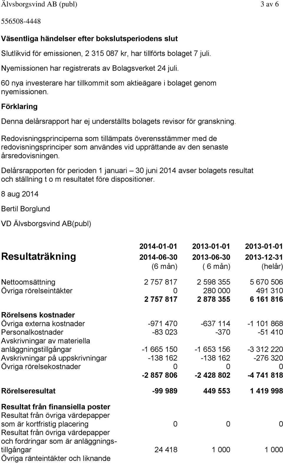 Förklaring Denna delårsrapport har ej underställts bolagets revisor för granskning.