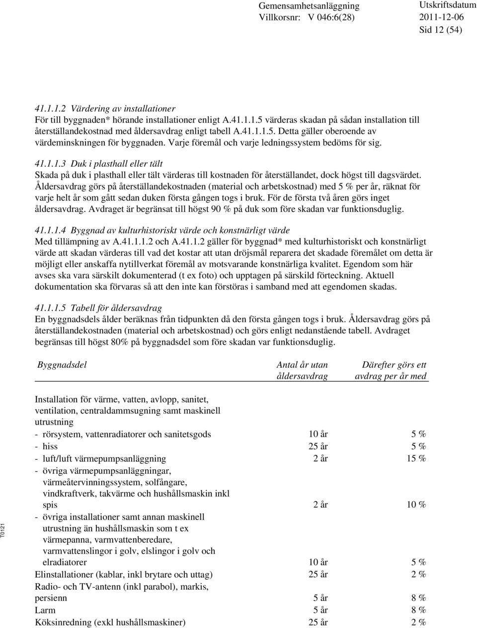 Åldersavdrag görs på återställandekostnaden (material och arbetskostnad) med 5 % per år, räknat för varje helt år som gått sedan duken första gången togs i bruk.