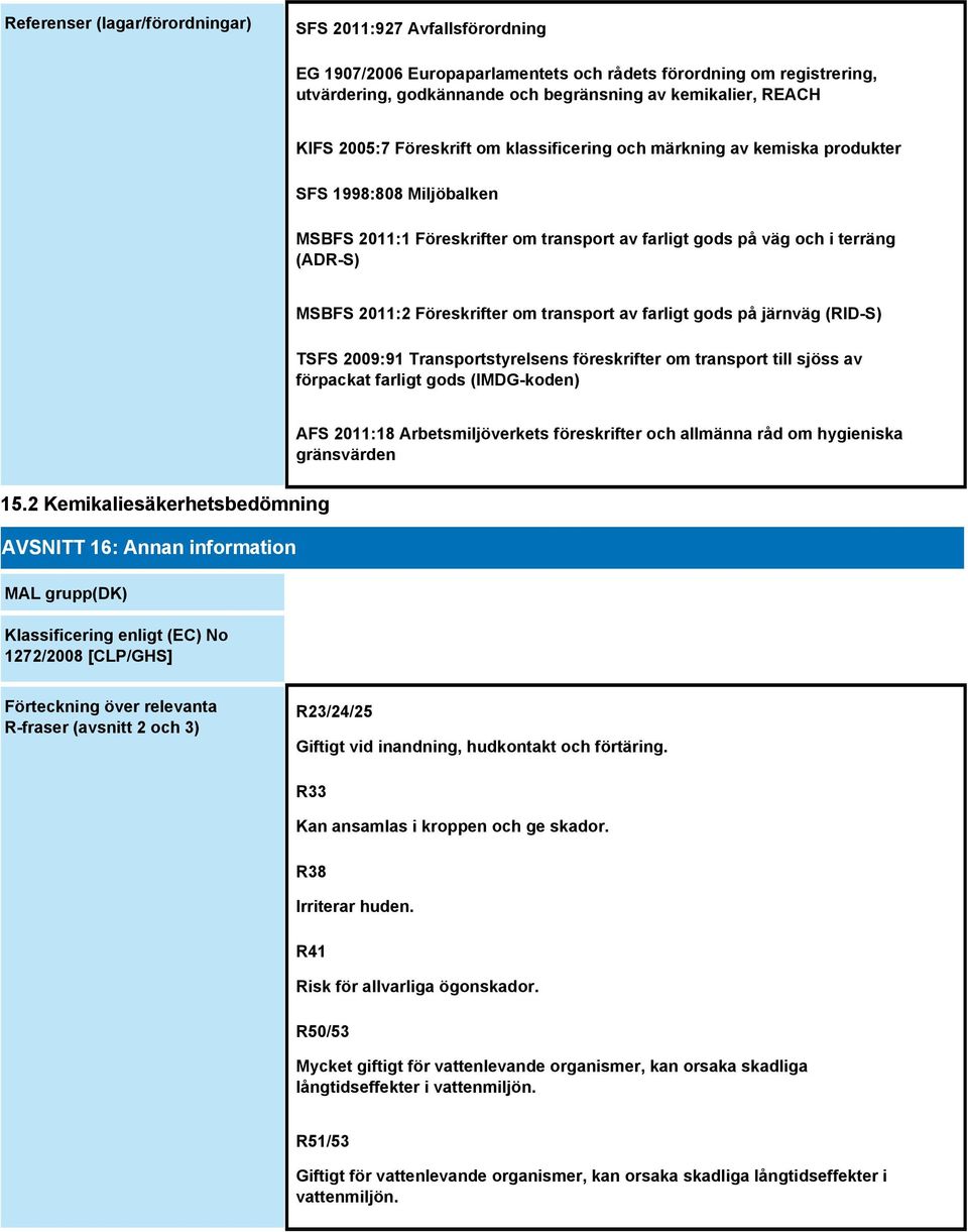 Föreskrifter om transport av farligt gods på järnväg (RID-S) TSFS 2009:91 Transportstyrelsens föreskrifter om transport till sjöss av förpackat farligt gods (IMDG-koden) AFS 2011:18