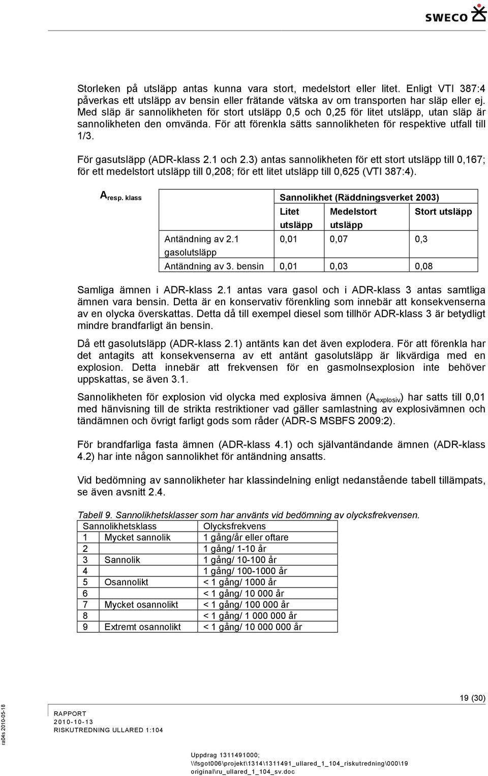 För gasutsläpp (ADR-klass 2.1 och 2.3) antas sannolikheten för ett stort utsläpp till 0,16; för ett medelstort utsläpp till 0,208; för ett litet utsläpp till 0,62 (VTI 38:). Aresp.