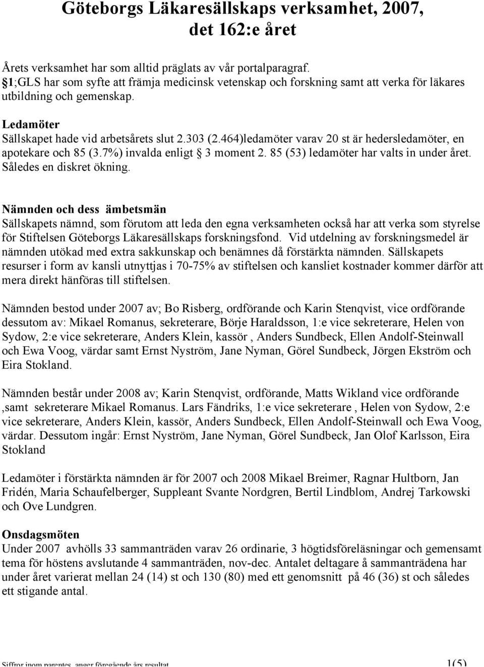 464)ledamöter varav 20 st är hedersledamöter, en apotekare och 85 (3.7%) invalda enligt 3 moment 2. 85 (53) ledamöter har valts in under året. Således en diskret ökning.