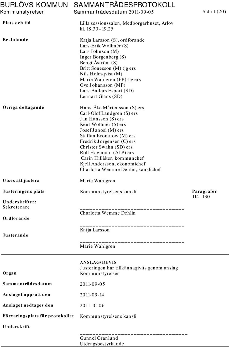 (MP) Lars-Anders Espert (SD) Lennart Glans (SD) Hans-Åke Mårtensson (S) ers Carl-Olof Landgren (S) ers Jan Hansson (S) ers Kent Wollmér (S) ers Josef Janosi (M) ers Staffan Kromnow (M) ers Fredrik