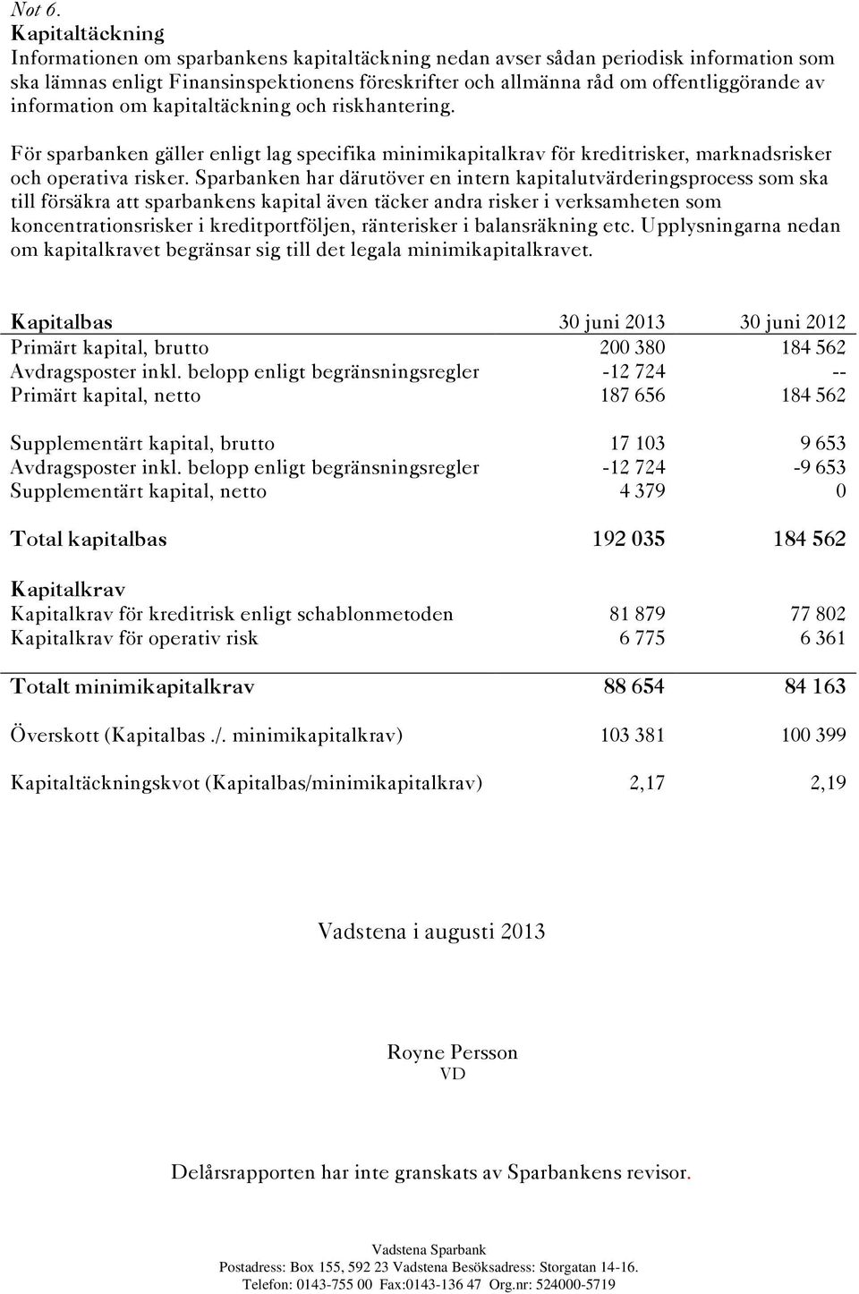 information om kapitaltäckning och riskhantering. För sparbanken gäller enligt lag specifika minimikapitalkrav för kreditrisker, marknadsrisker och operativa risker.