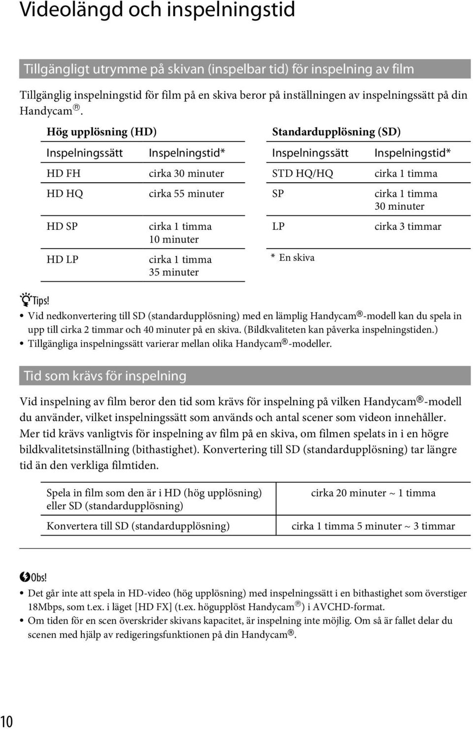 Hög upplösning (HD) Standardupplösning (SD) Inspelningssätt Inspelningstid* Inspelningssätt Inspelningstid* HD FH cirka 30 minuter STD HQ/HQ cirka 1 timma HD HQ cirka 55 minuter SP cirka 1 timma 30