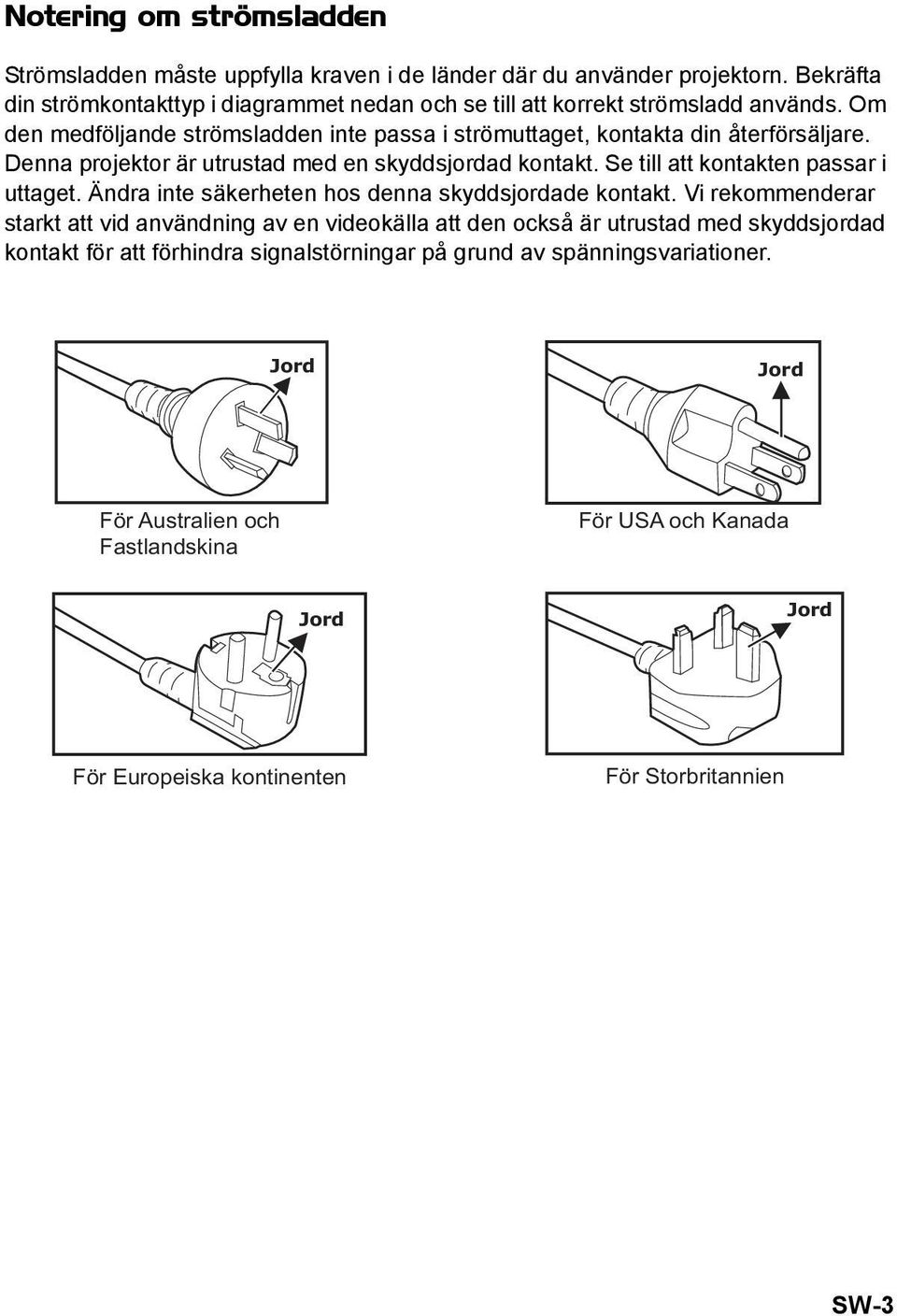 Denna projektor är utrustad med en skyddsjordad kontakt. Se till att kontakten passar i uttaget. Ändra inte säkerheten hos denna skyddsjordade kontakt.