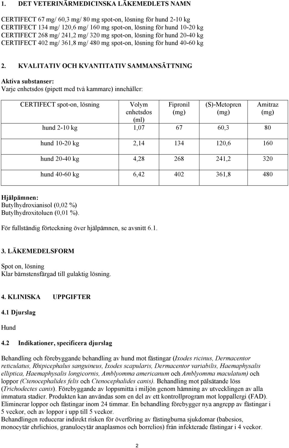 KVALITATIV OCH KVANTITATIV SAMMANSÄTTNING Aktiva substanser: Varje enhetsdos (pipett med två kammare) innehåller: CERTIFECT spot-on, lösning Volym enhetsdos (ml) Fipronil (mg) (S)-Metopren (mg)