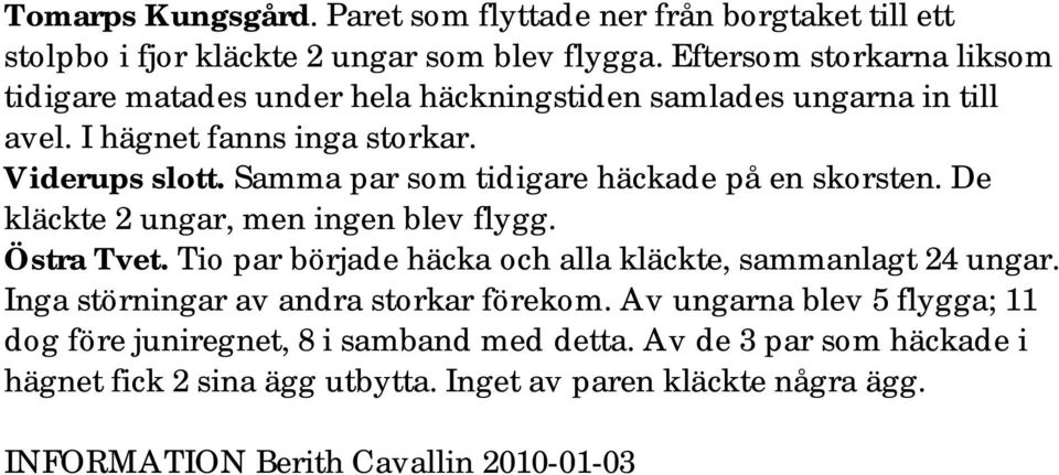 Samma par som tidigare häckade på en skorsten. De kläckte 2 ungar, men ingen blev flygg. Östra Tvet. Tio par började häcka och alla kläckte, sammanlagt 24 ungar.