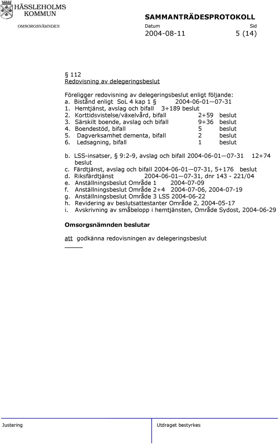 Dagverksamhet dementa, bifall 2 beslut 6. Ledsagning, bifall 1 beslut b. LSS-insatser, 9:2-9, avslag och bifall 2004-06-01 07-31 12+74 beslut c.