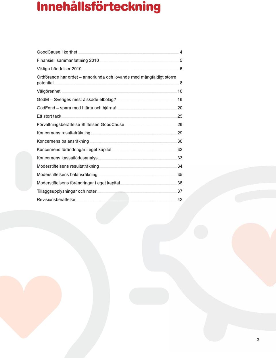 20 Ett stort tack 25 Förvaltningsberättelse Stiftelsen GoodCause 26 Koncernens resultaträkning 29 Koncernens balansräkning 30 Koncernens förändringar i eget kapital