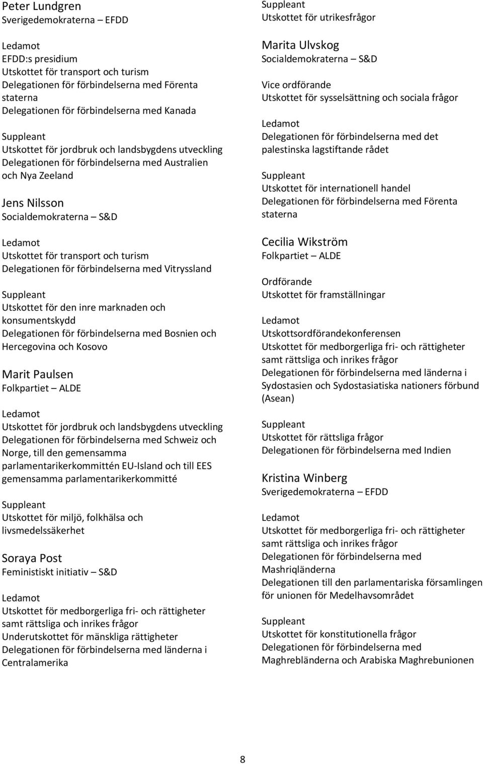 landsbygdens utveckling Schweiz och Norge, till den gemensamma parlamentarikerkommittén EU-Island och till EES gemensamma parlamentarikerkommitté Utskottet för miljö, folkhälsa och livsmedelssäkerhet