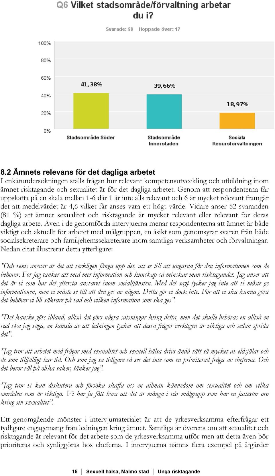 Vidare anser 52 svaranden (81 %) att ämnet sexualitet och risktagande är mycket relevant eller relevant för deras dagliga arbete.