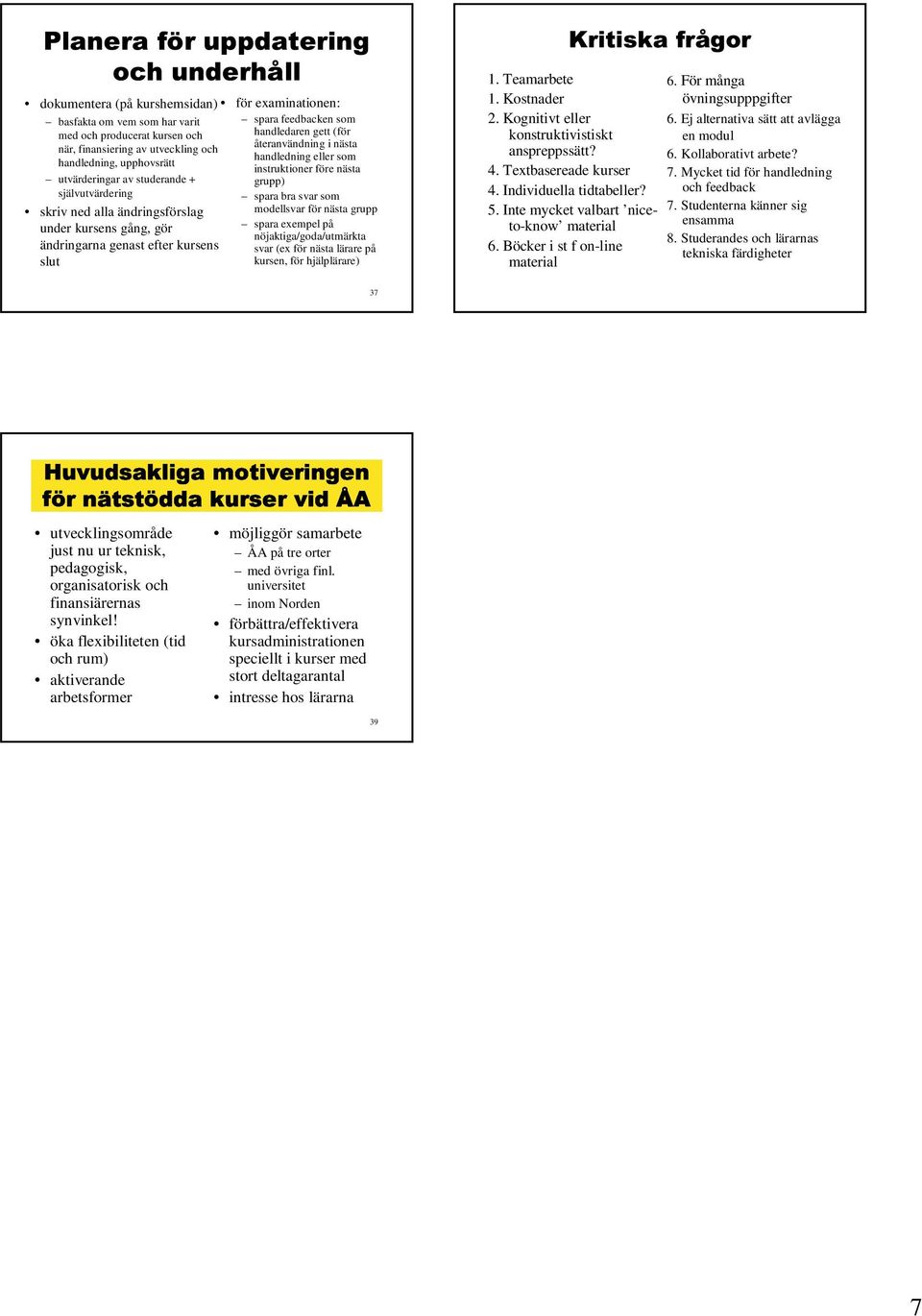 grupp under kursens gång, gör spara exempel på nöjaktiga/goda/utmärkta ändringarna genast eter kursens svar (ex ör nästa lärare på slut kursen, ör hjälplärare) 1. Teamarbete 1. Kostnader 2.