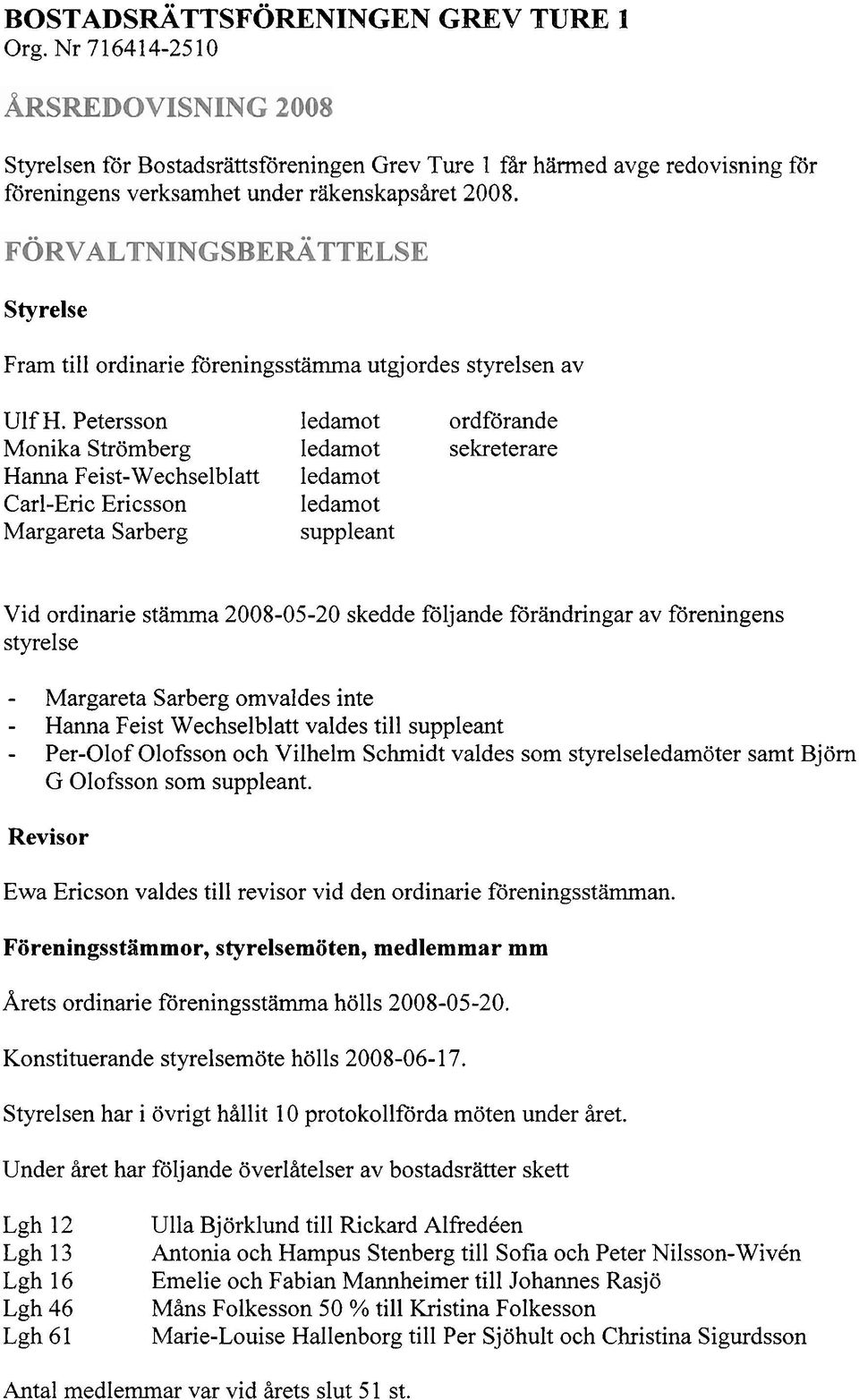 Petersson ledamot ordförande Monika Strömberg ledamot sekreterare Hanna Feist-Wechselblatt ledamot Carl-Eric Ericsson ledamot Margareta Sarberg suppleant Vid ordinarie stämma 2008-05-20 skedde