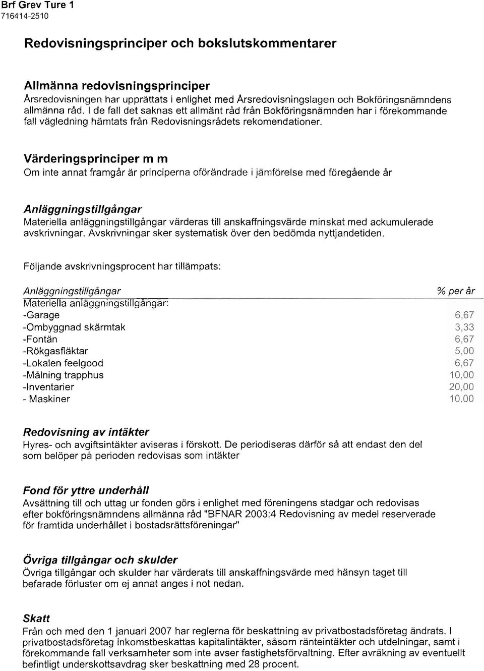 värderingsprinciper m m Om inte annat framgår ar principerna oförändrade i jämförelse med föregående år Anläggningstillgångar Materiella anläggningstillgångar värderas till anskaffningsvärde minskat