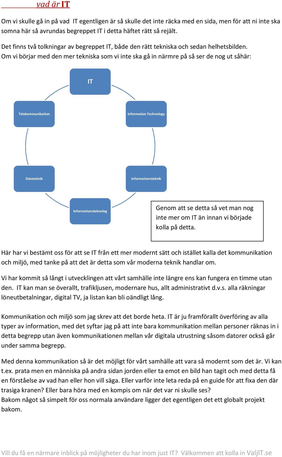 Om vi börjar med den mer tekniska som vi inte ska gå in närmre på så ser de nog ut såhär: IT Telekommunikation Information Technology Datateknik Informationsteknik Informationsteknolog Genom att se