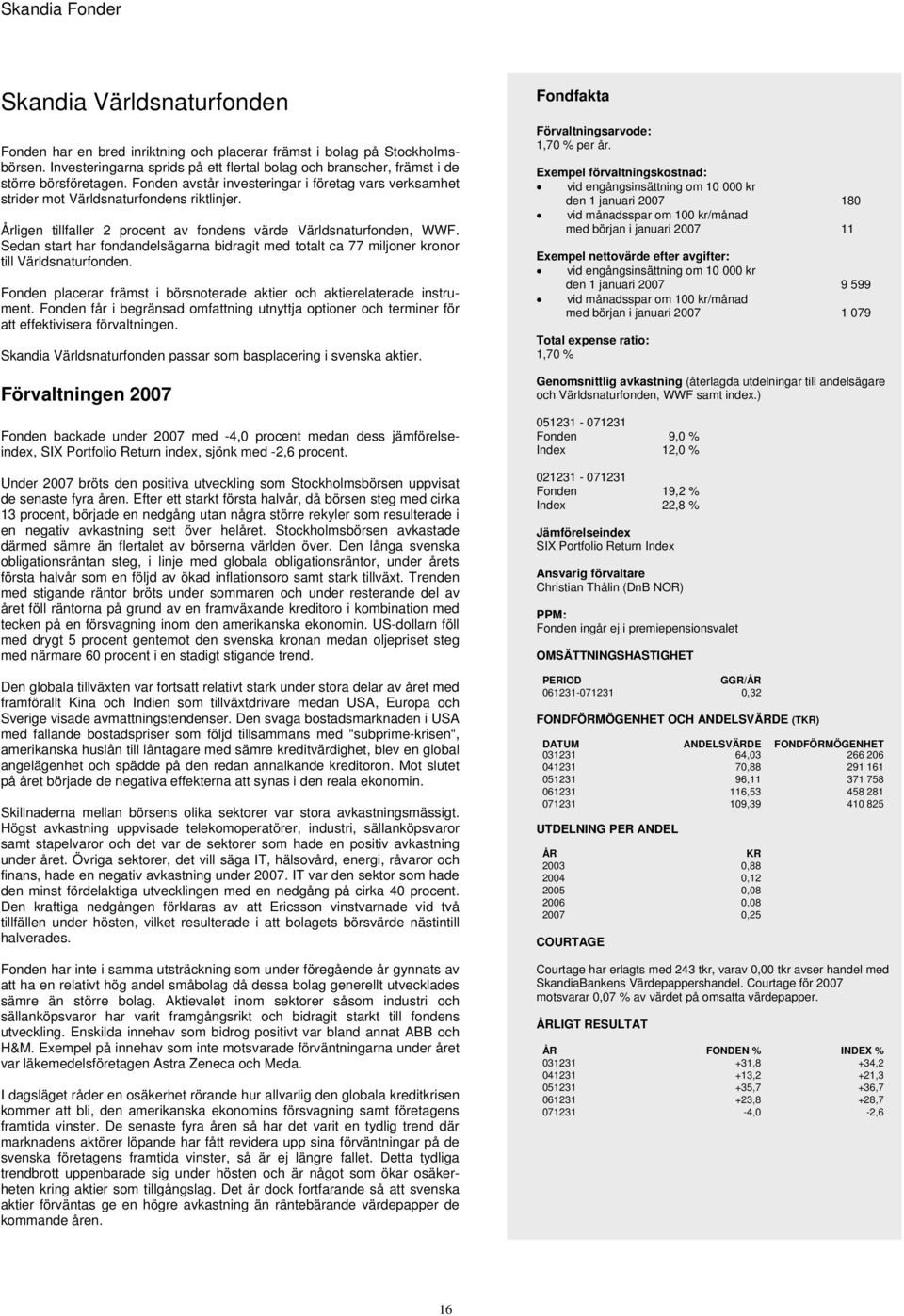 Sedan start har fondandelsägarna bidragit med totalt ca 77 miljoner kronor till Världsnaturfonden. Fonden placerar främst i börsnoterade aktier och aktierelaterade.