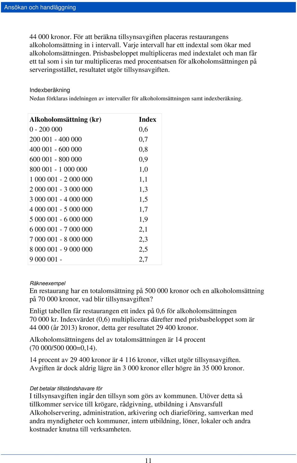 Indexberäkning Nedan förklaras indelningen av intervaller för alkoholomsättningen samt indexberäkning.