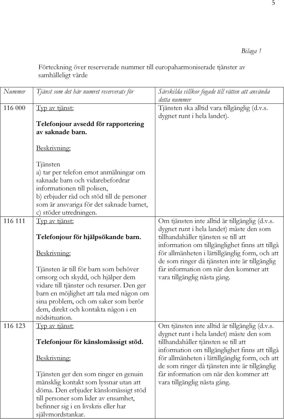 Tjänsten a) tar per telefon emot anmälningar om saknade barn och vidarebefordrar informationen till polisen, b) erbjuder råd och stöd till de personer som är ansvariga för det saknade barnet, c)