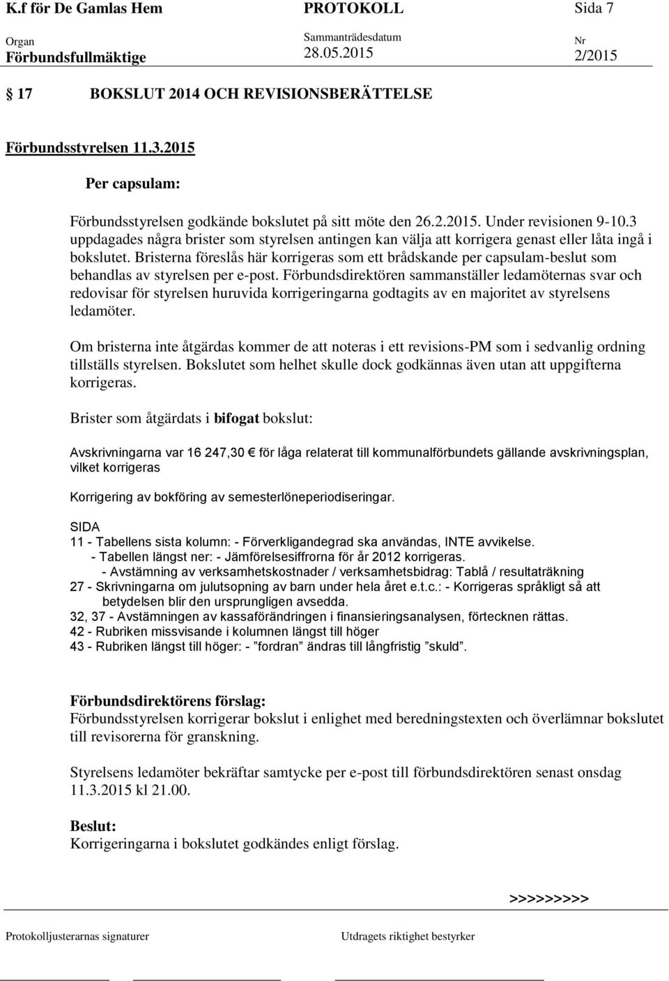 Bristerna föreslås här korrigeras som ett brådskande per capsulam-beslut som behandlas av styrelsen per e-post.